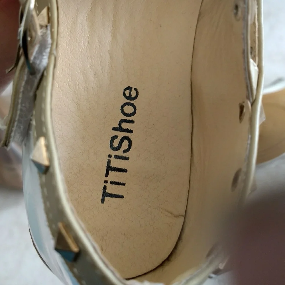 Girl's gold studded white t-strap dress shoes